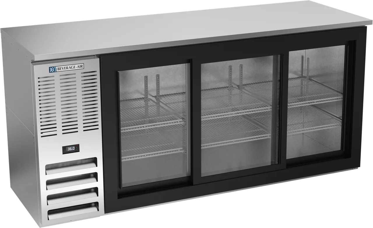 Beverage Air BBN72HC-GS-S Cooler, 72"W x 25.25"D x 34"H, 19.6 cu ft, 3 Glass Doors, R290 Refrigerant