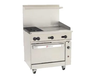 Wolf C36C-2B24GT 36" Gas Restaurant Range w/ (2) Burners, 24" Griddle Right w/ Thermostatic Controls, (1) Convection Oven, 135.000 BTU