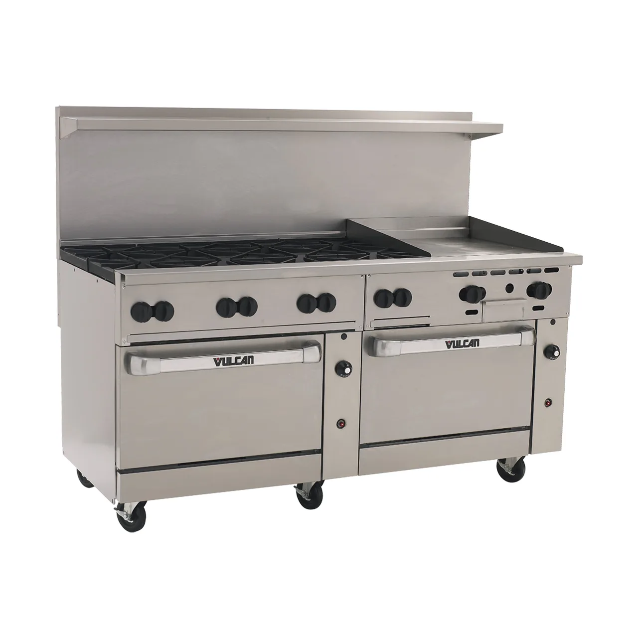 Vulcan 72CC-8B24GT 72" Gas Restaurant Range w/ (8) Open Burners, 24" Griddle Right w/ Thermostatic, (2) Convection Ovens, 350.000 BTU