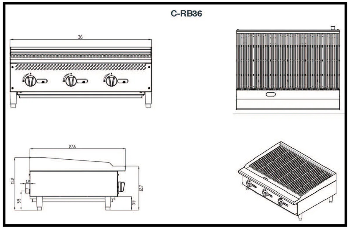 Migali C-RB36 36" Countertop Gas Radiant Charbroiler w/ (3) Burners, 105.000 BTU