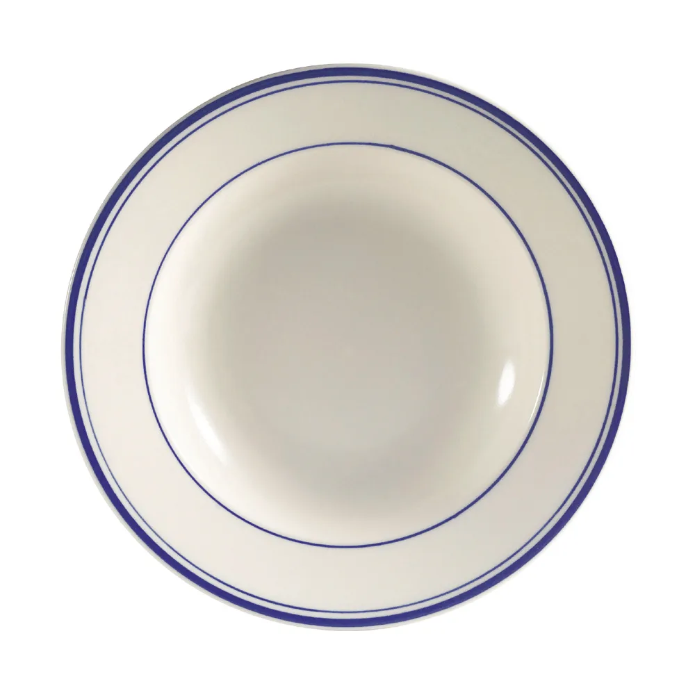 CAC China BLU-125 Blue Line Pasta Bowl, 30 oz (12" Dia x 2" H), Ceramic, Blue Band/White - 1 Dozen