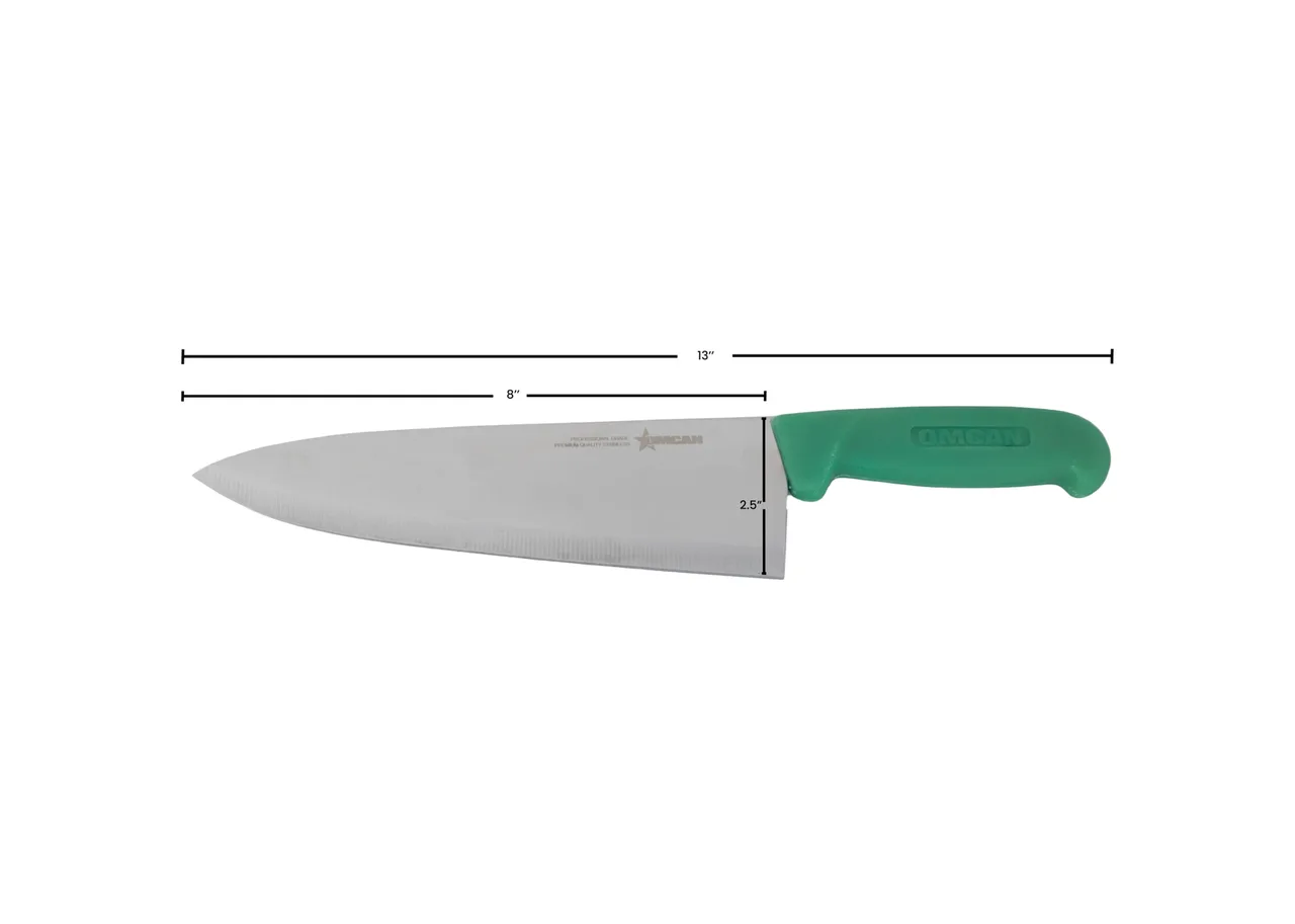 Omcan USA 12003 Chef Knife – 8" Blade Stamped Stainless Steel Green Polypropylene Handle – Cutlery