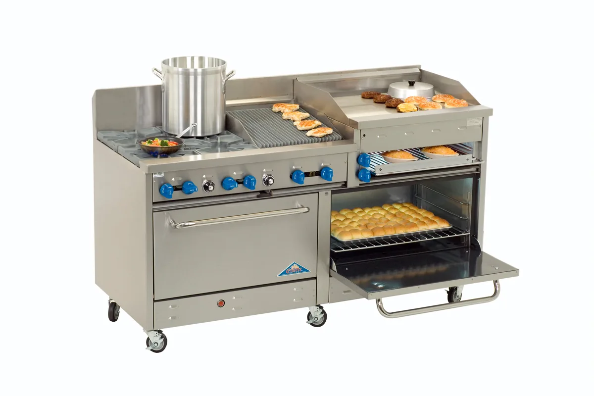 Comstock-Castle 2F330-1.5RB-30B 72" Gas Restaurant Range w/(4) Open Burners, (1) 30" Griddle, (1) 18" Charbroiler, (2) Standard Ovens, 308.000 BTU
