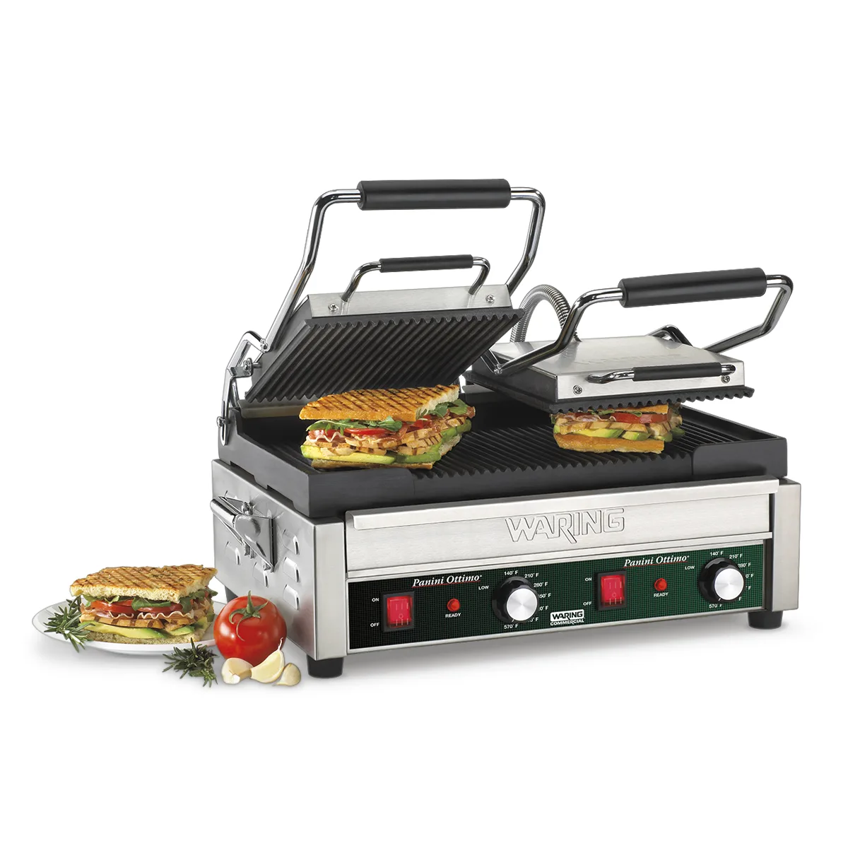 Waring WPG300 Double Cast Iron Sandwich Panini Grill w/ 17" x 9.25" Grooved Plates, 240V