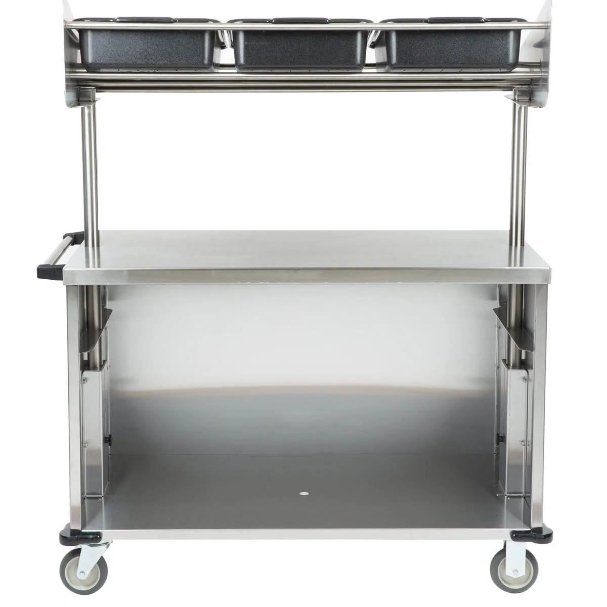 Lakeside 663 Solid Stainless Steel Breakfast / Snack Cart w/ Overhead Shelf with (3) Plastic Bins 