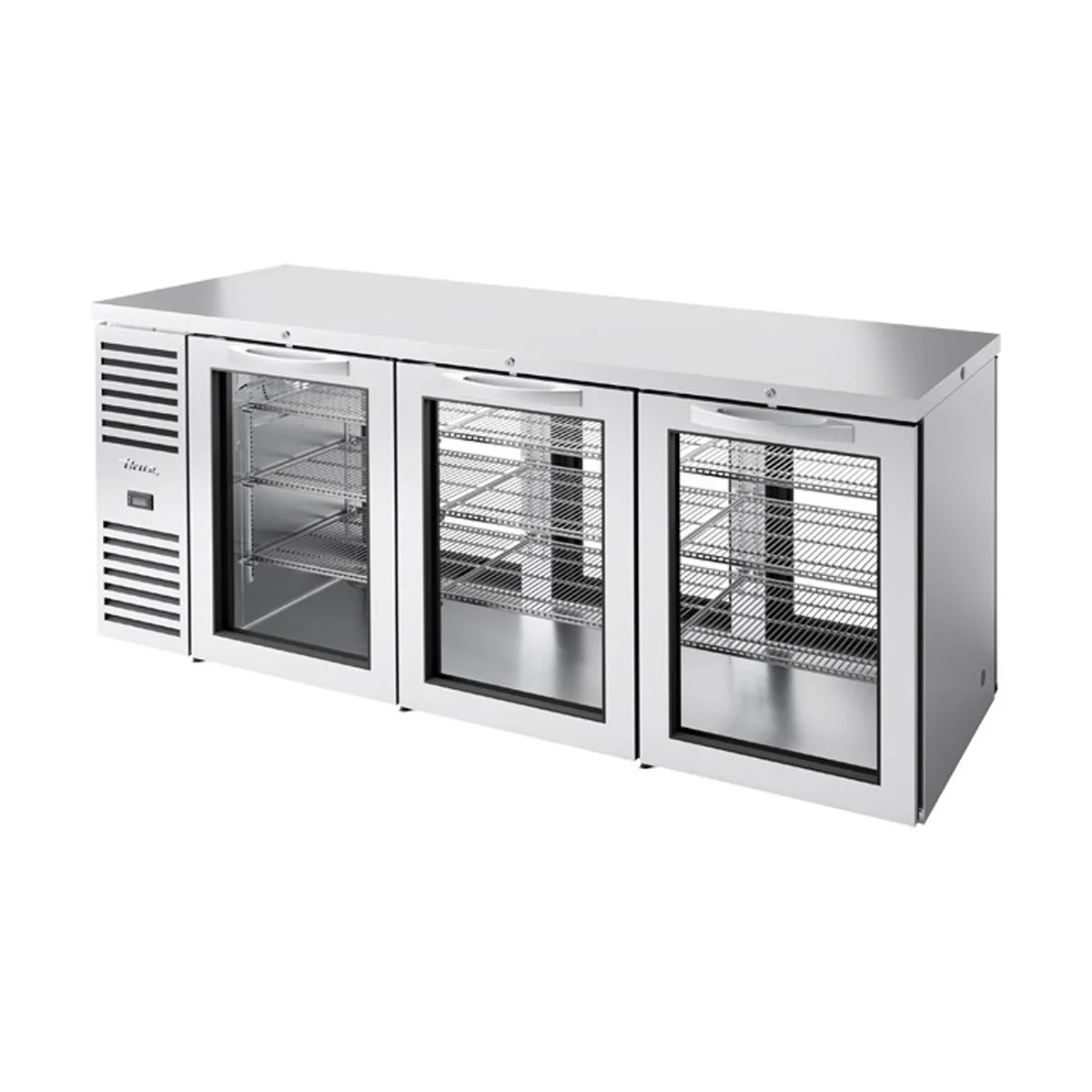 True TBR84-PTSZ1-L-S-GGG-GGG-1 84" Pass-Thru Refrigerated Back Bar Cooler w/ Glass Swing Door