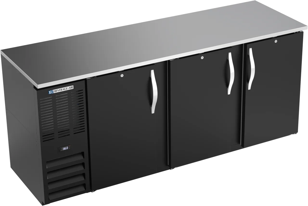 Beverage Air BBN78HC-F-B Back Bar Cooler, 78" W x 26" D, 21.7cuft, 3 Doors, LED, R290, 1/3 HP, 115V