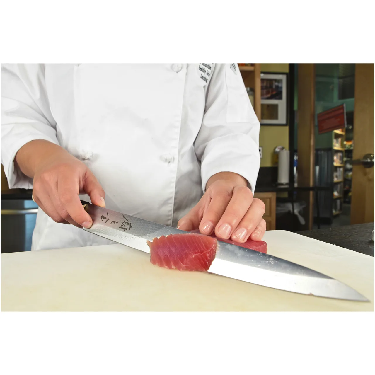Mercer M24012 Sashimi Knife – 12" Stamped Carbon Steel Blade, Wood Handle, 6°/15° Angle, Smooth Edge