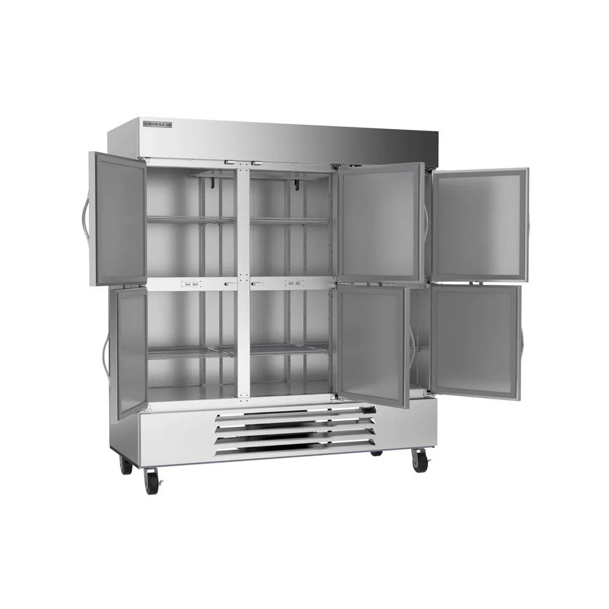 Beverage Air HBF72HC-5-HS 75" 3-Section Reach-In Freezer, 6 Half Solid Doors, Bottom Mount, 68.43 cu. ft., Stainless Steel