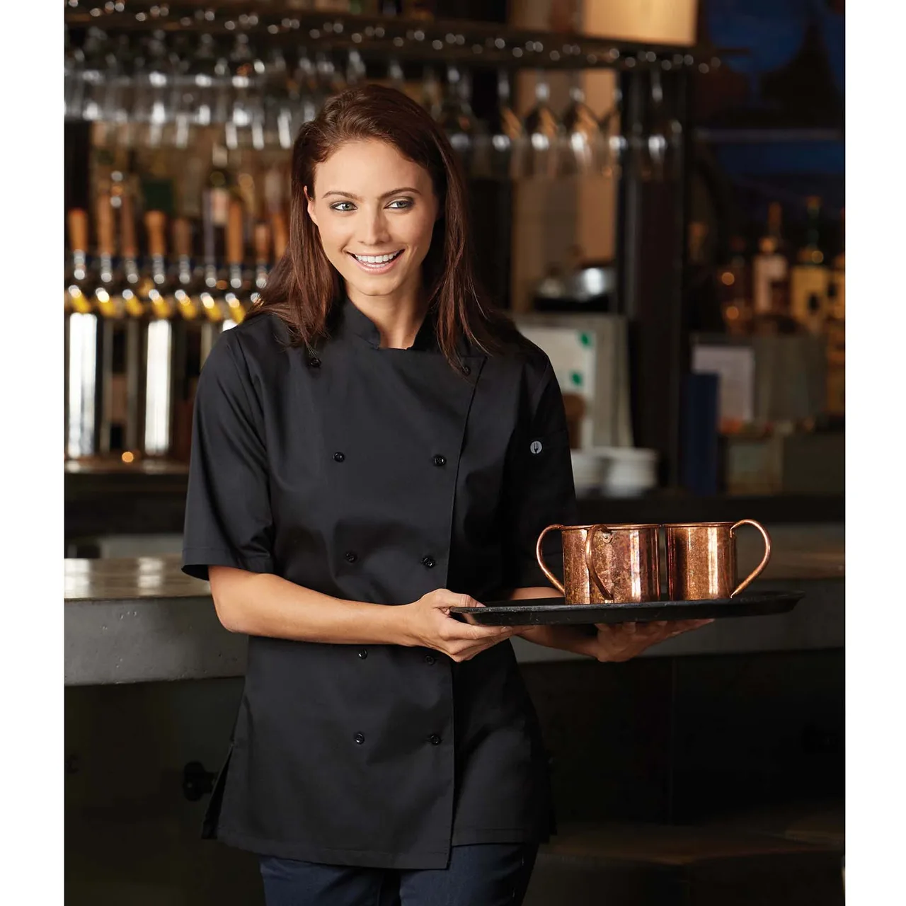 Chef Works KL150-BLK-L Chef Coat, Large Black Short‑Sleeve, Pearl Buttons, 65/35 Poly‑Cotton Twill