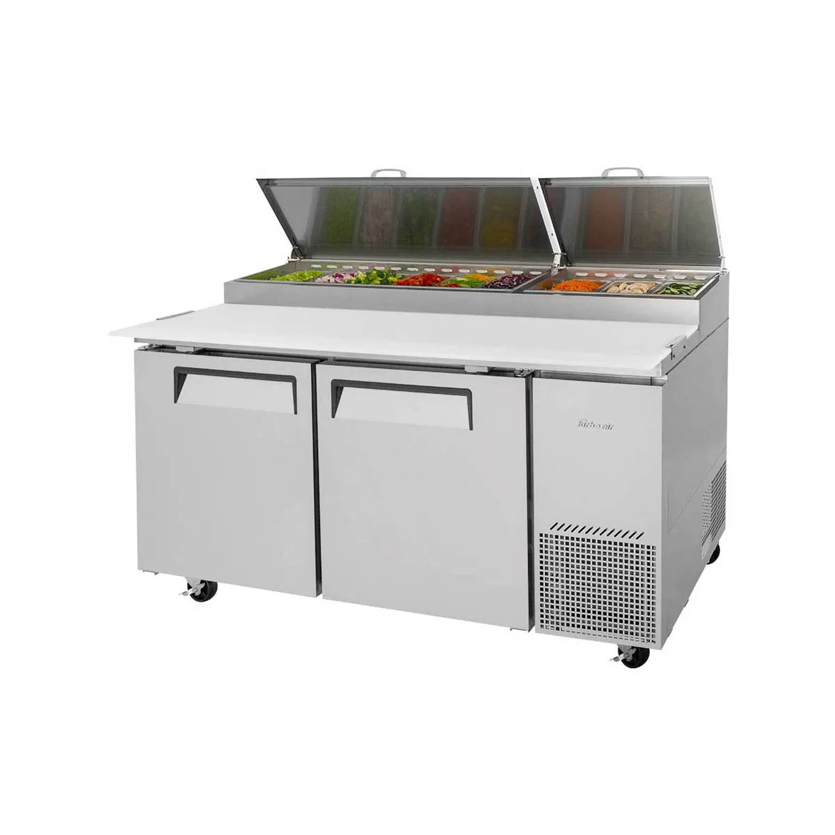 Turbo Air TPR-67SD-N 67" Refrigerated Pizza Prep Table w/ 2 Doors, 9 Condiment Pans