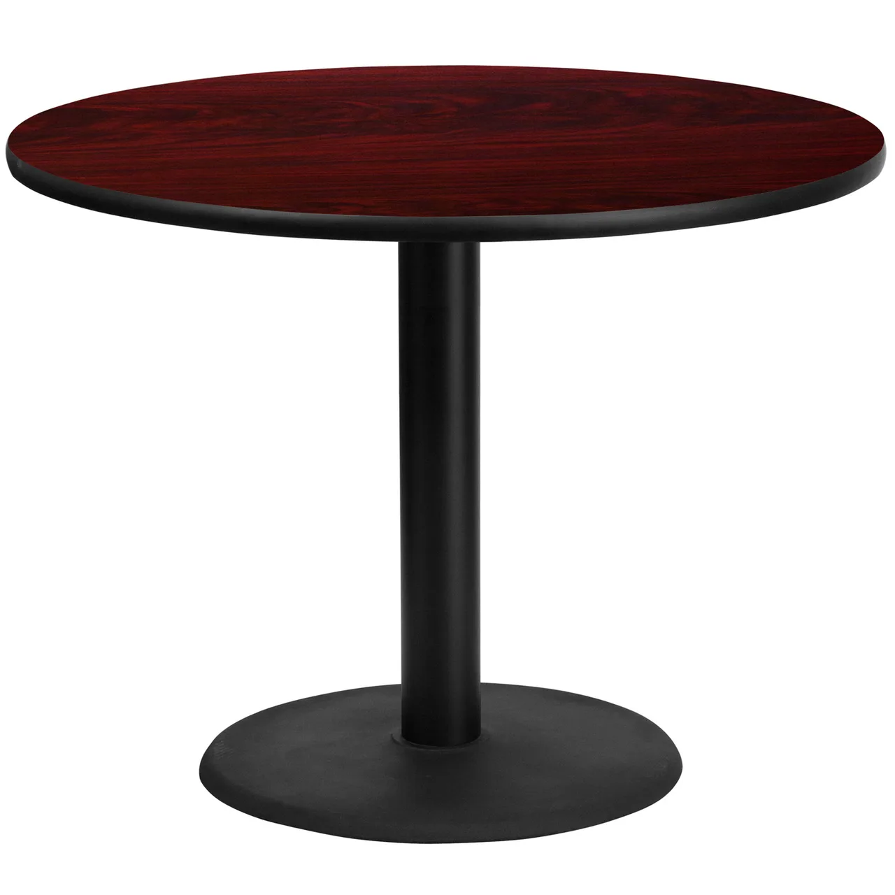 Flash Furniture XU-RD-42-MAHTB-TR24-GG 42" Round Mahogany Laminate Dining Table, Pedestal Base, MDF Top, Black PVC Edge