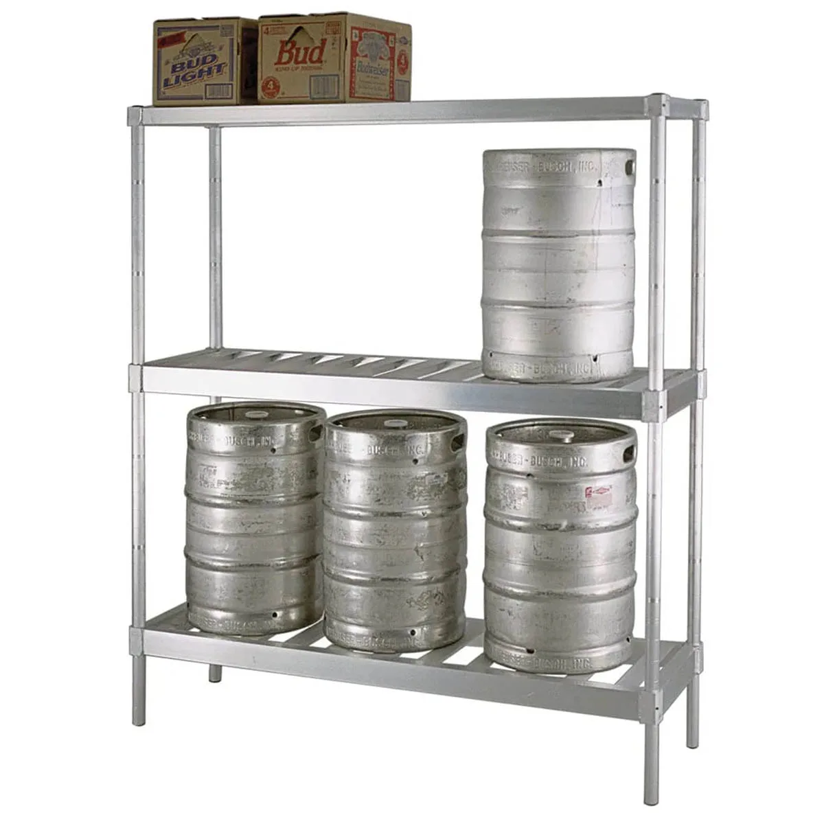 New Age 31842TT7 42" Aluminum Keg Rack with (4) 1/2 or (12) 1/6 Keg Capacity and 3 Shelves