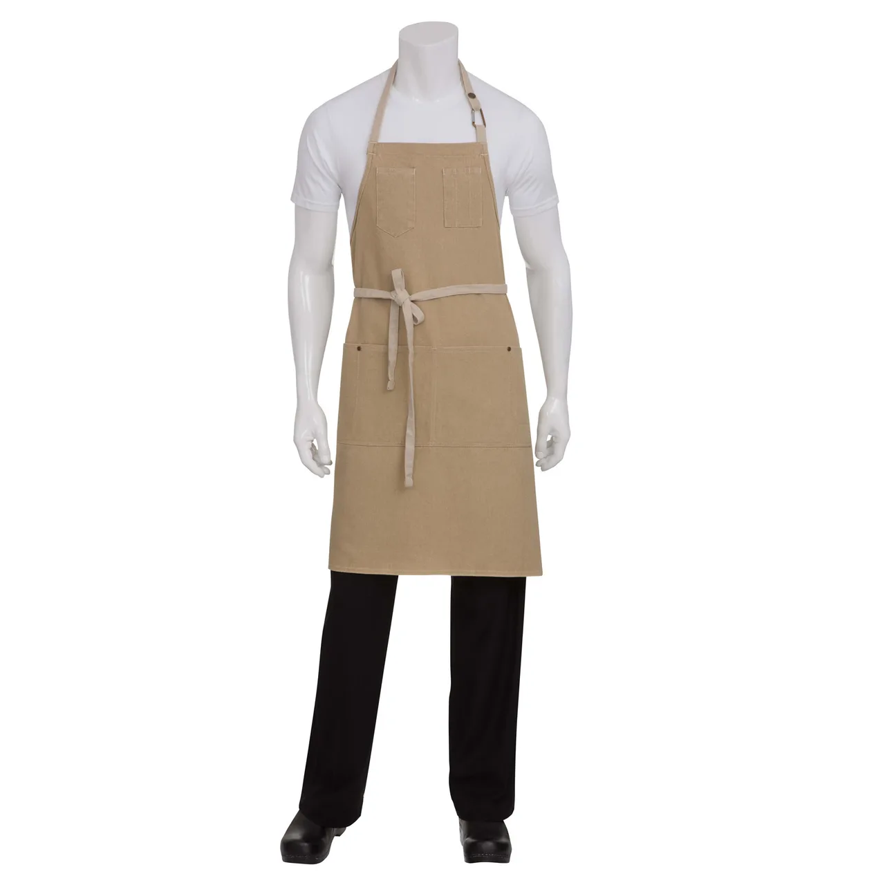 Chef Works ABCD056-NAT-0 Austin Bib Apron 34"L x 30"W 100% Cotton Denim Natural Neck Strap 5 Pockets