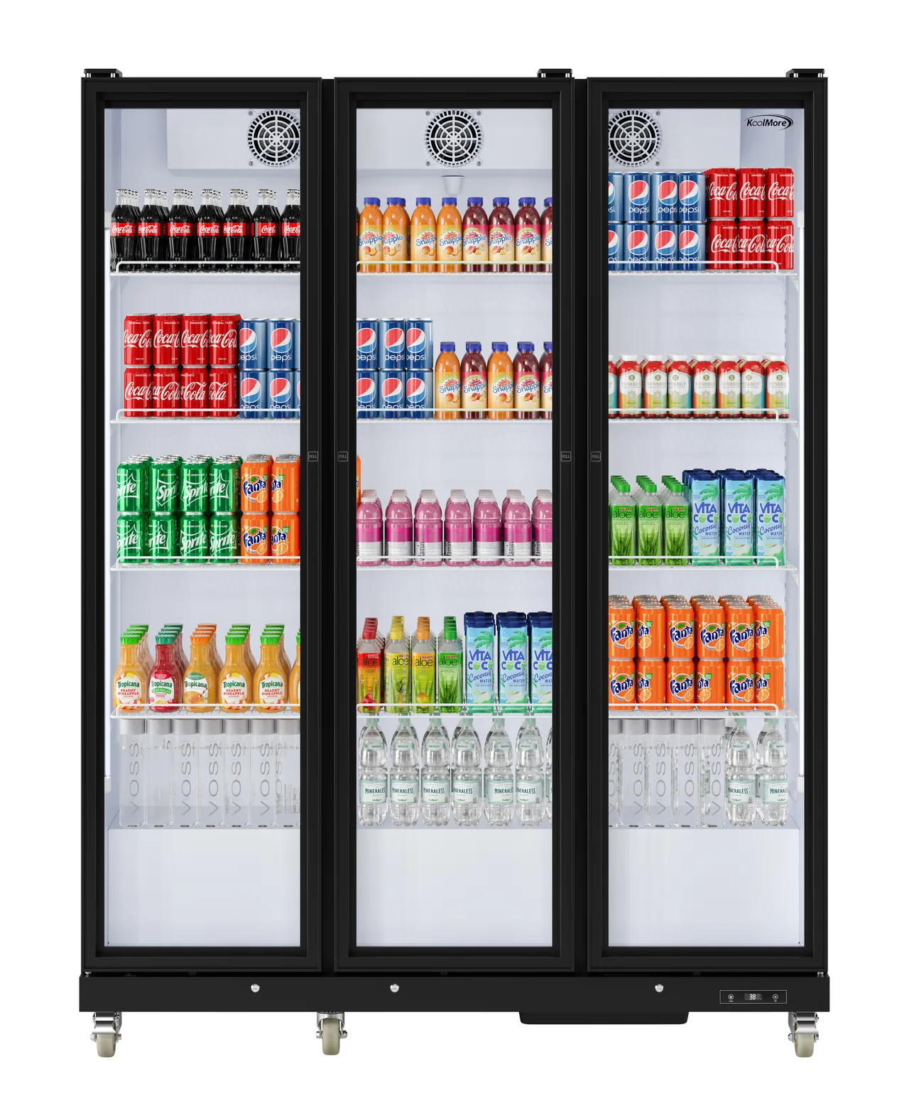Koolmore KM-MDR-3FGD 71" Merchandiser Refrigerator, 46.1 cu ft, 3‑Section, Black Finish, 12 PVC Shelves
