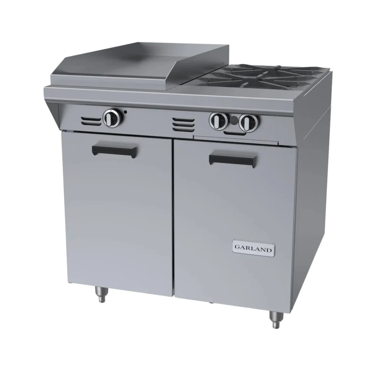 Garland US Range M42S 34" Gas Heavy Duty Range w/ (2) Open Burners, 17" Griddle Left, (1) Cabinet Base, 103.000 BTU