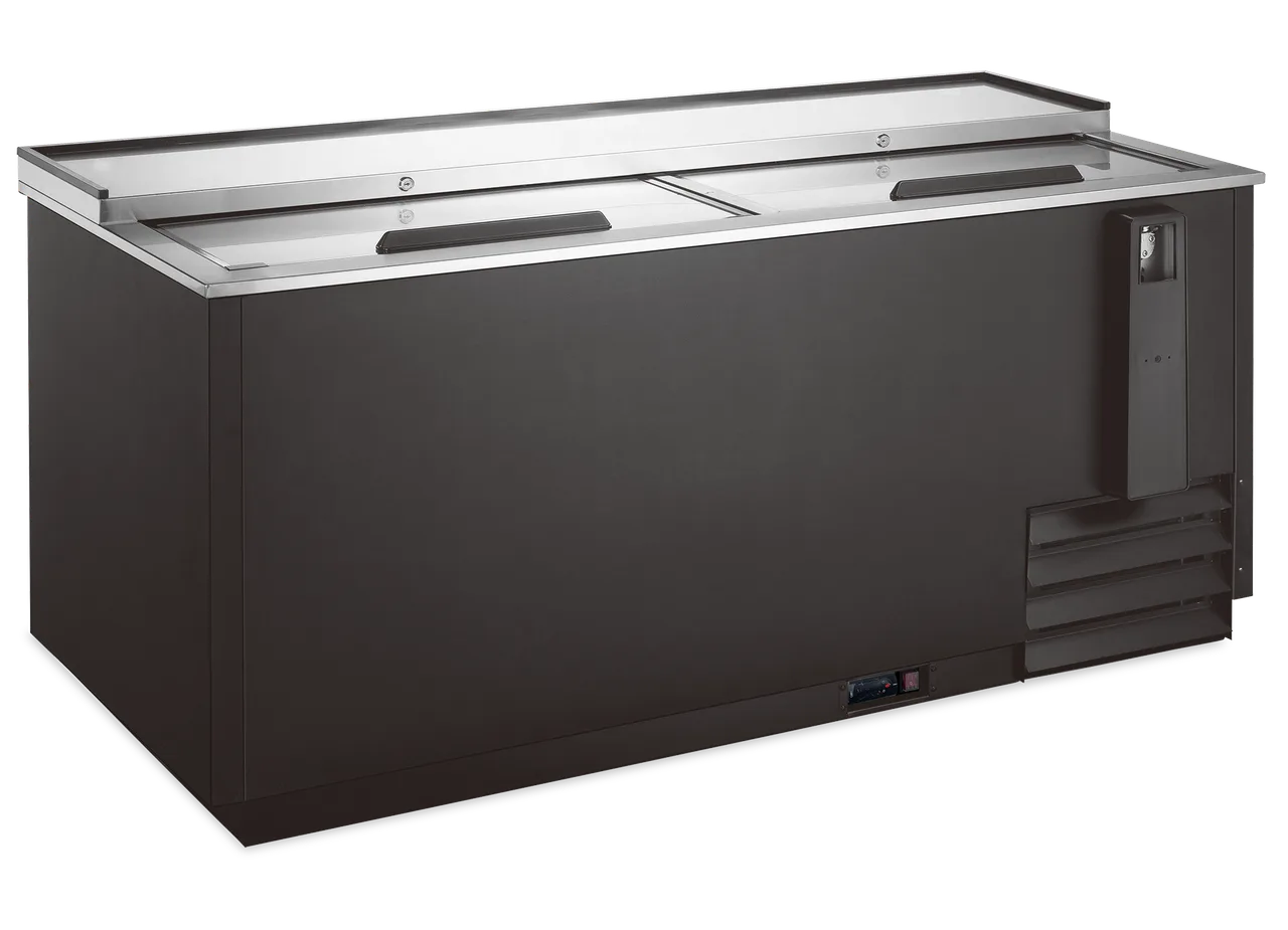 Omcan USA 59040 Bottle Cooler – 17.2 cu ft Capacity, 1/6 HP Compressor, Black Vinyl, Lockable Lids