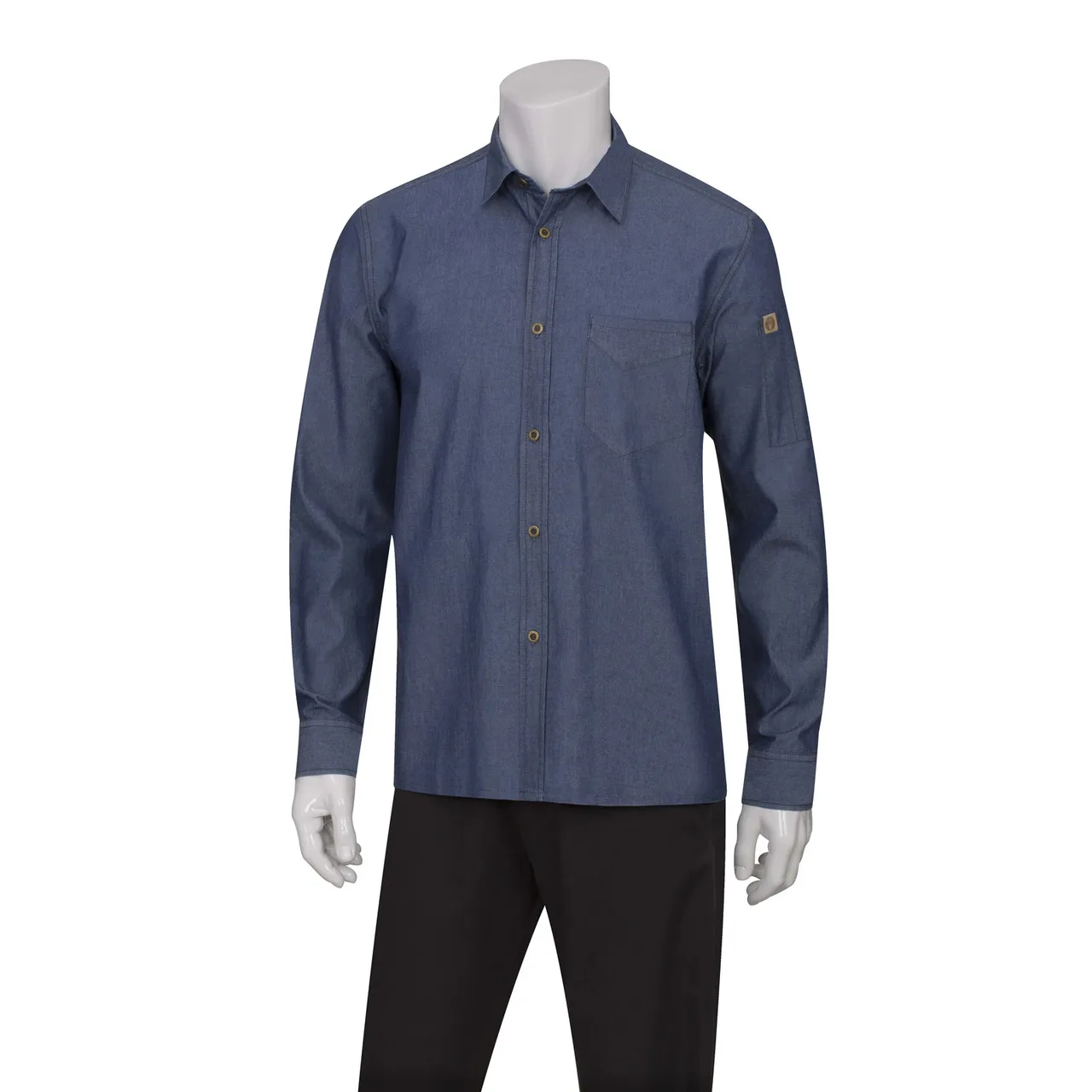 Chef Works SKL001-IBL-L Men's Detroit Cook Shirt, Large, 100% Cotton Denim, Indigo Blue