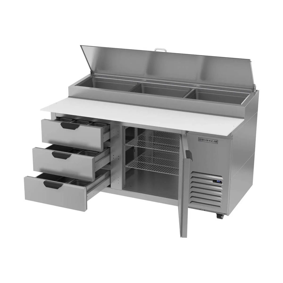 Beverage Air DPD67HC-3 67" 2-Section Refrigerated Pizza Prep Table w/ 1 Door & 3 Drawers