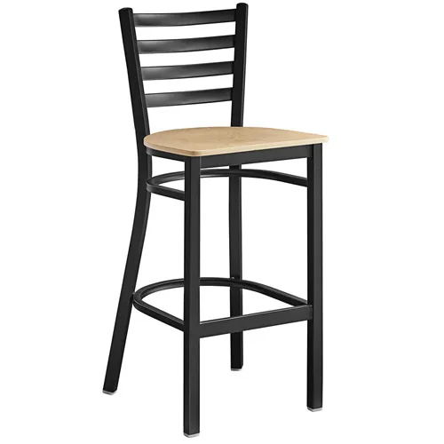 Omcan USA 47592+69745 Bar Height Metal Ladder Back Chair with Natural Wood Seat, Armless, Legs Base