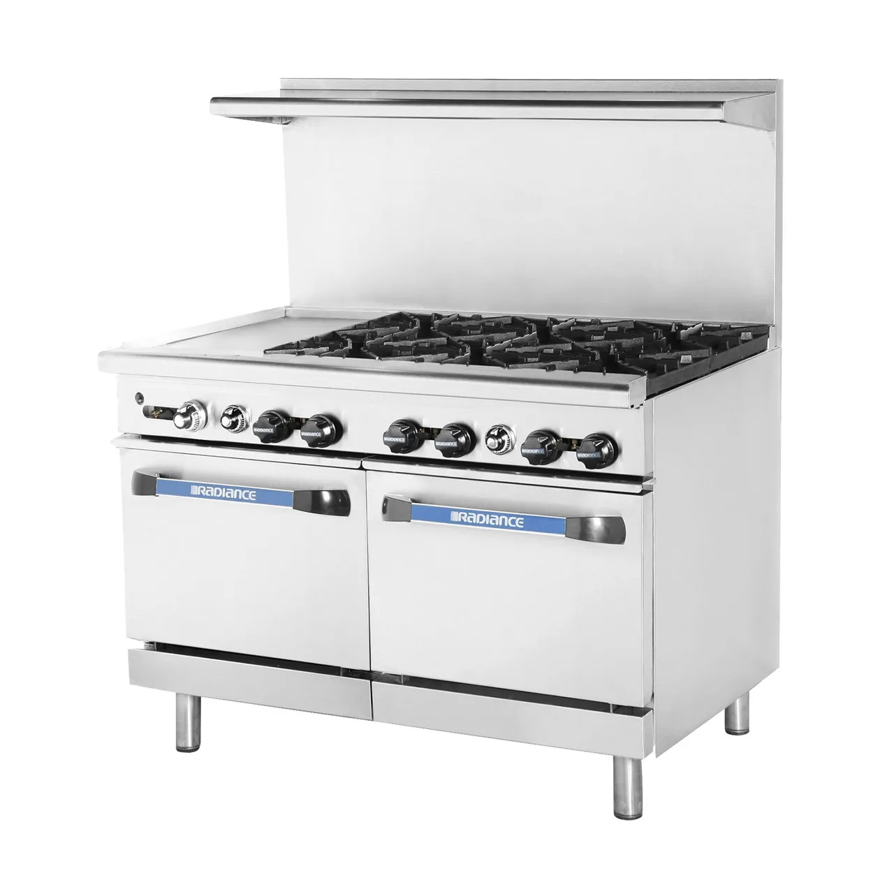 Turbo Air TARG-12G6B 48" Gas Restaurant Range w/ (6) Open Burners, 12" Griddle Left, (2) Standard Ovens, 284.000 BTU