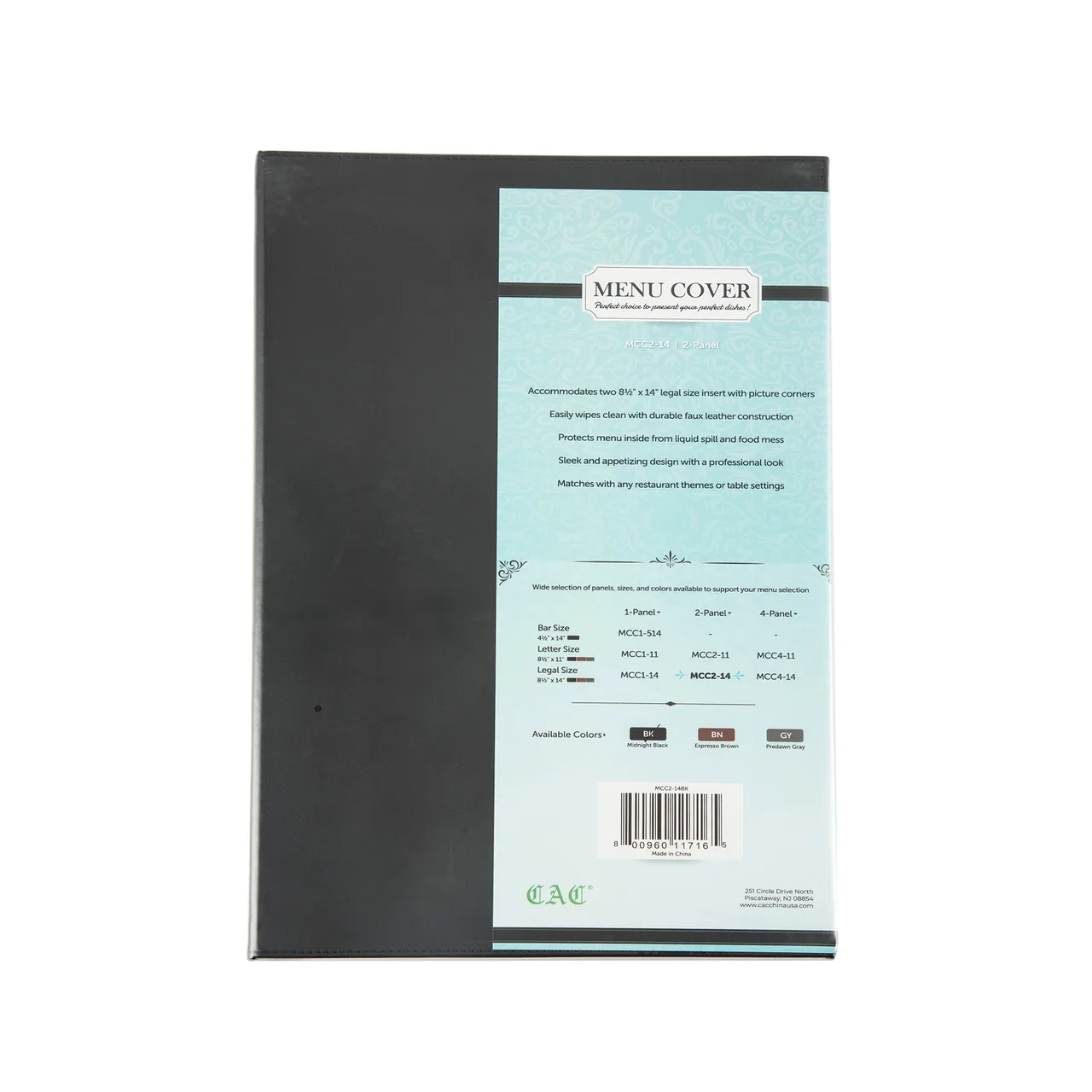 CAC China MCC2-14BK Menu Cover - 2‑Panel Legal Size 8‑1/2" x 14" Faux Leather Black Booklet