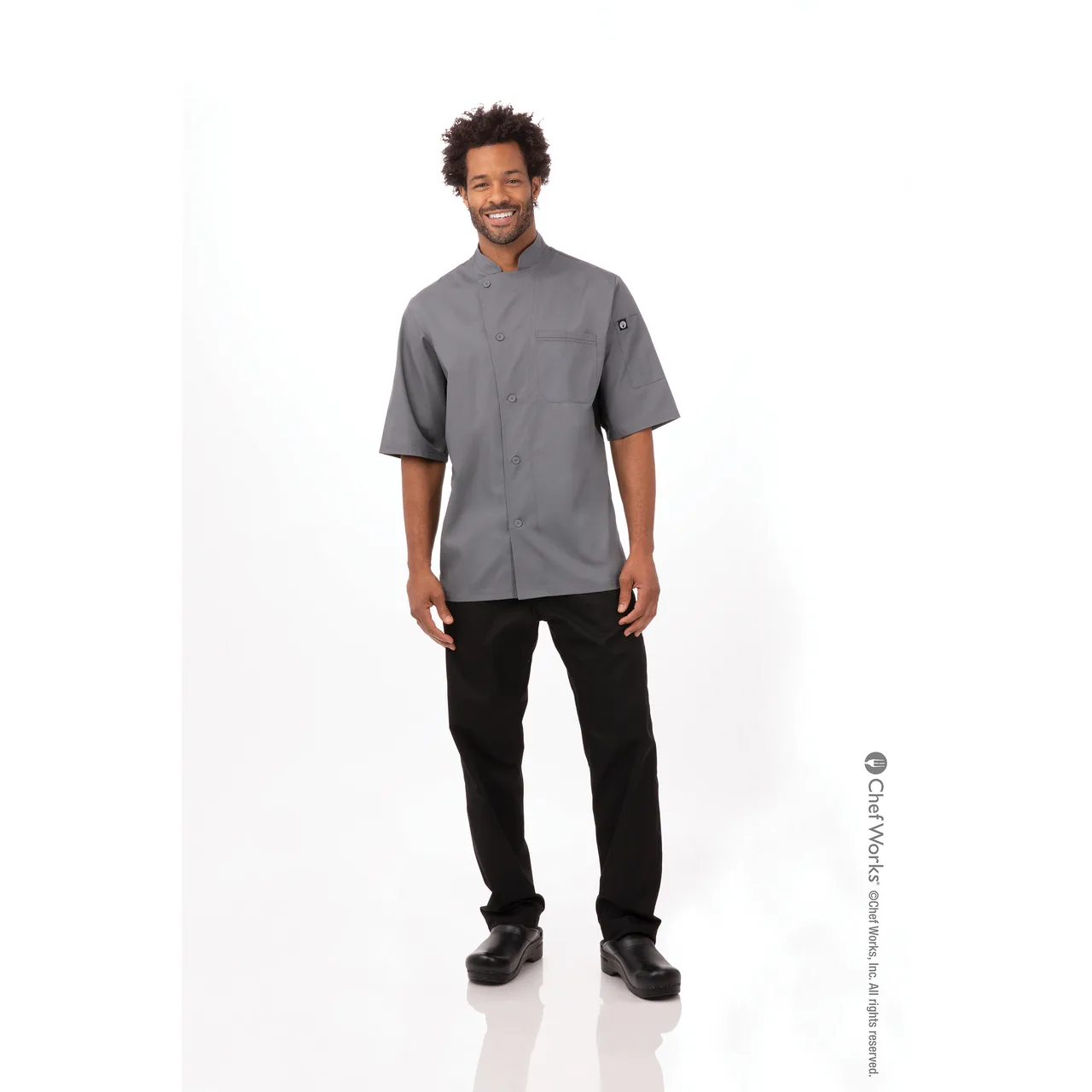 Chef Works VSSS-GBC-3XL Chef Coat Short‑Sleeve 3XL Gray 65/35 Twill Vent™ Back Snap Front Topstitch