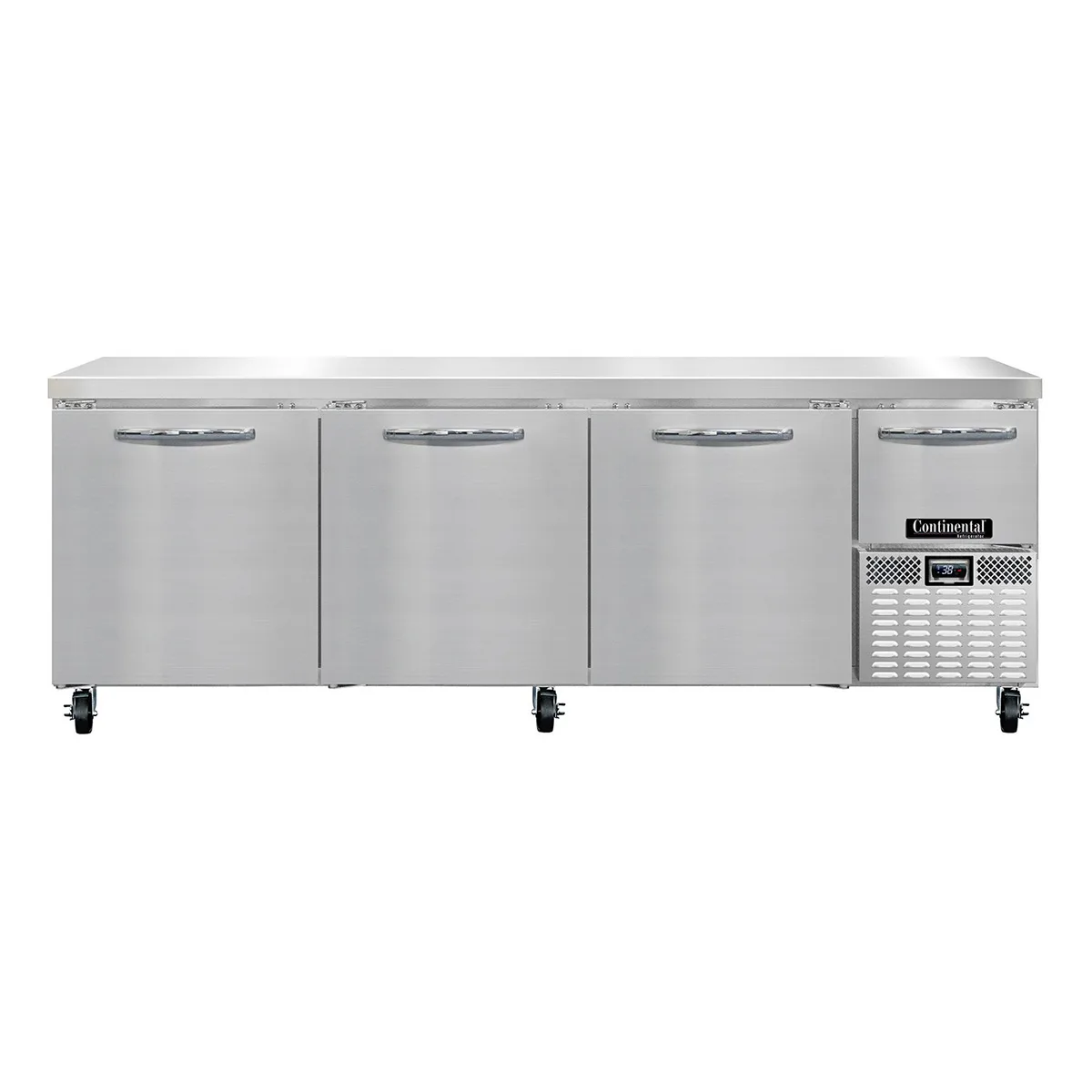 Continental Refrigerator RA93N 93" Worktop Refrigerator w/ 3 Full & 1 Half Doors, Stainless Steel Flat Worktop