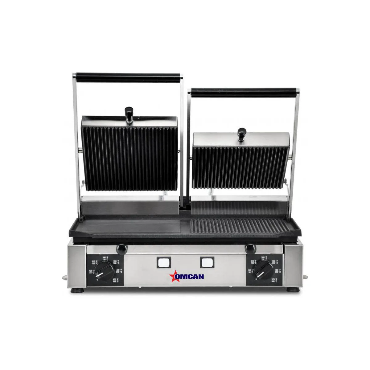 Omcan USA 11380 Double Sandwich Panini Grill w/ 19" x 10" Combination Plates, 220V