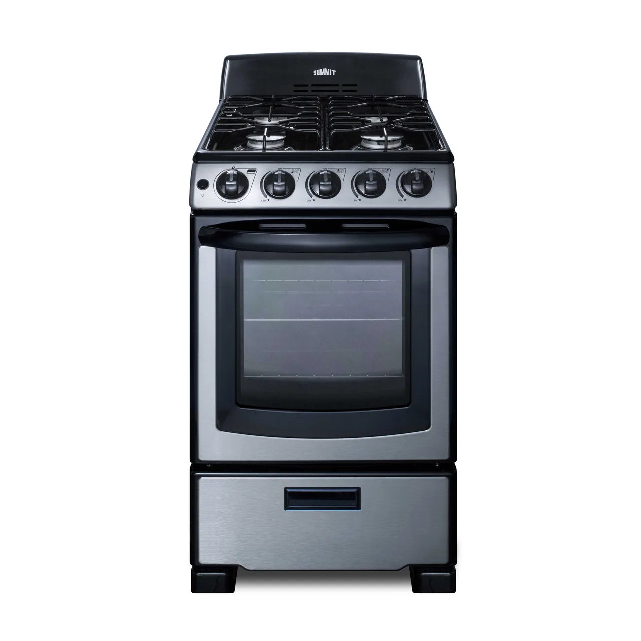 Summit PRO201SS Gas Range, 20"W, 2.3 Cu. Ft. Oven Capacity, Backguard