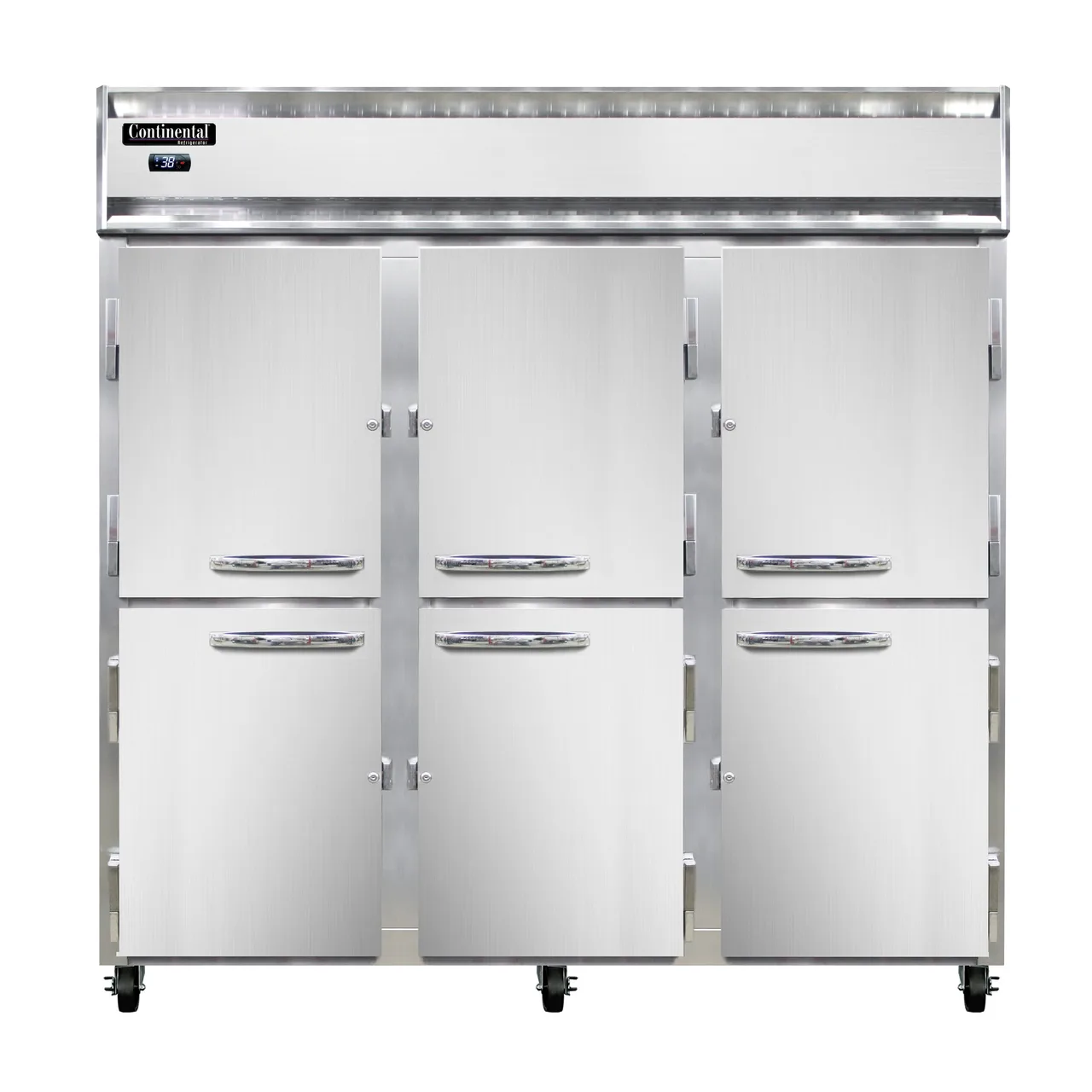 Continental Refrigerator 3RNPTHD 78" 3-Section Pass-Thru Refrigerator w/ 12 Half Solid Doors, Stainless Steel Front Aluminum Ends, 72 cu ft