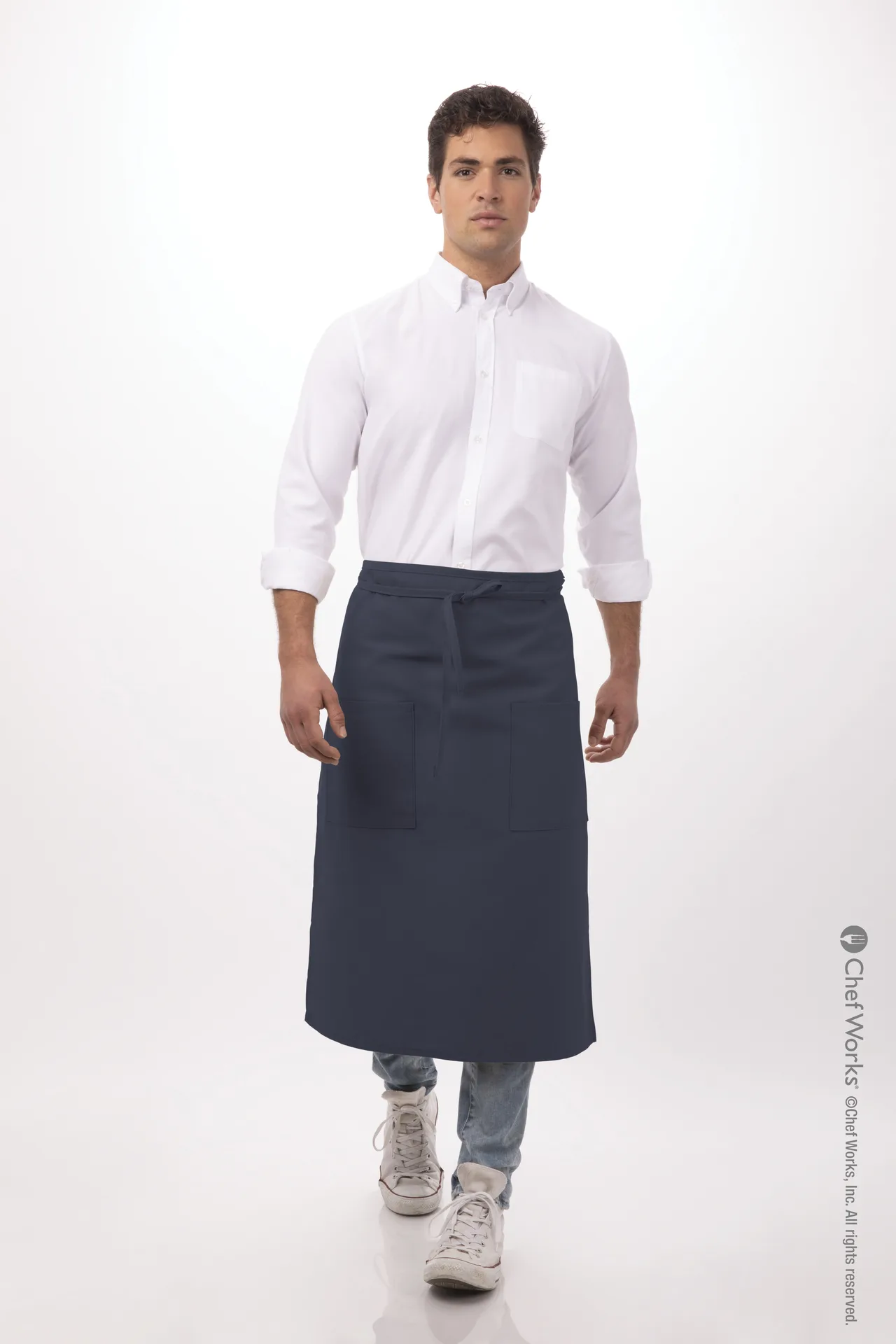 Chef Works 122A-NAV-0 Bistro Waist Apron, 32" L x 27½" W, 2 Patch Pockets, Navy, 65/35 Poly/Cotton