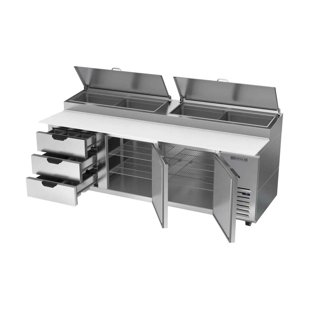 Beverage Air DPD93HC-3 93" 3-Section Refrigerated Pizza Prep Table w/ 2 Doors & 3 Drawers