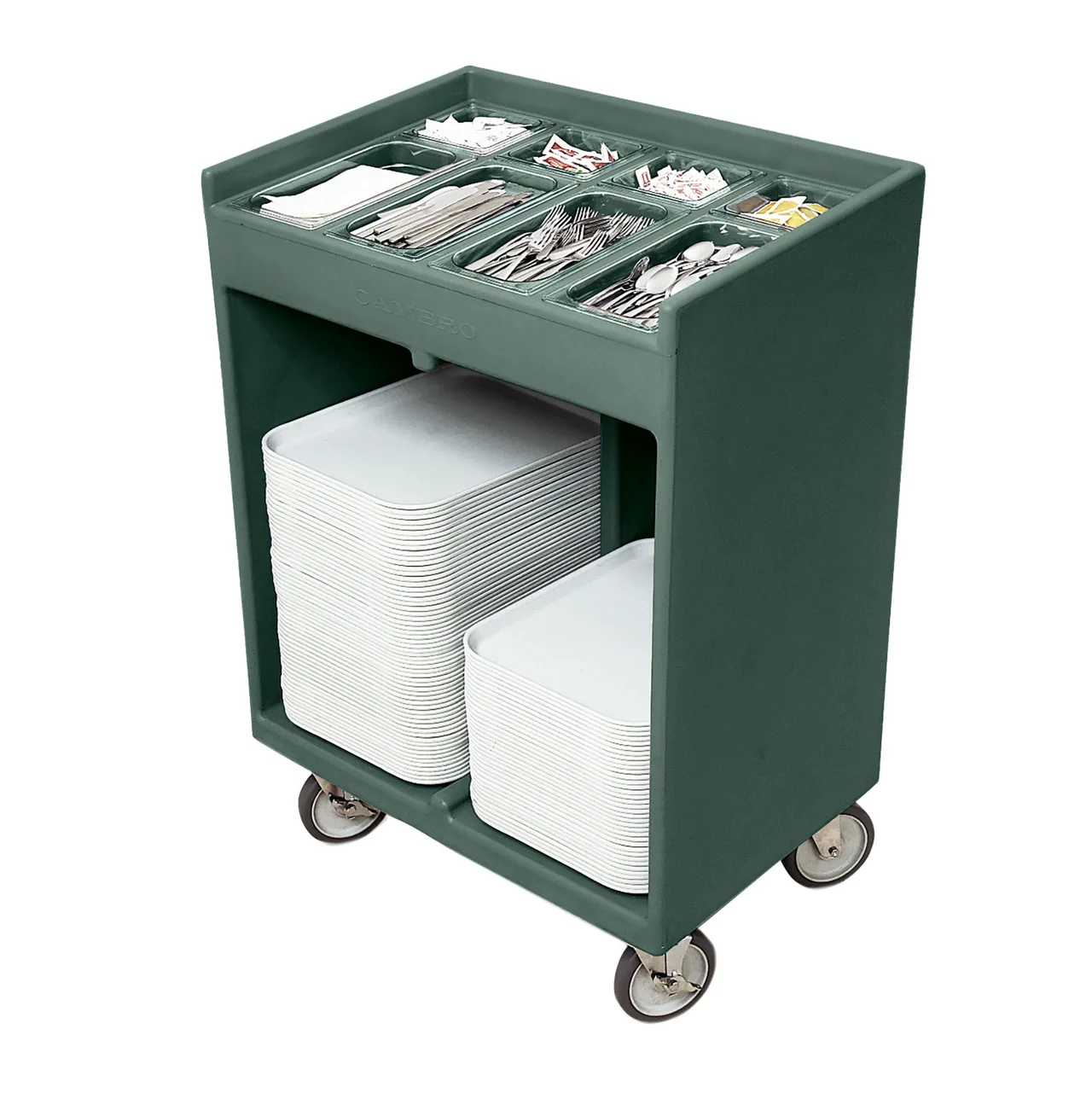 Cambro TC1418192 Granite Green Tray & Silver Cart with Pans & Vinyl Cover, (8) Compartments