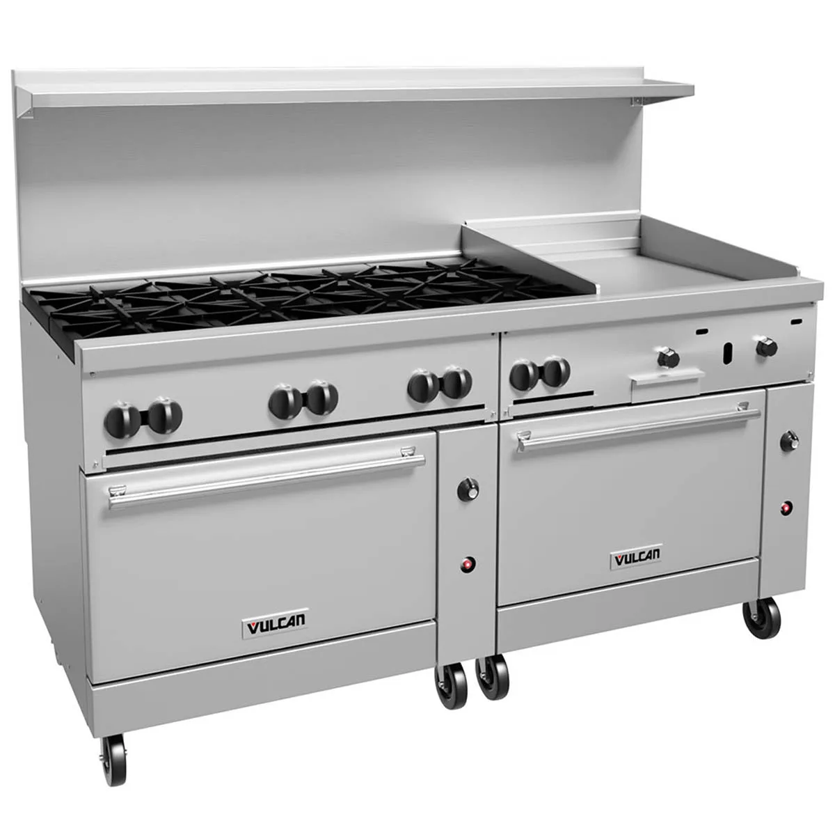 Vulcan 72SS-8B24GT 72" Gas Restaurant Range w/ (8) Open Burners, 24" Griddle Right w/ Thermostatic, (2) Standard Ovens, 350.000 BTU