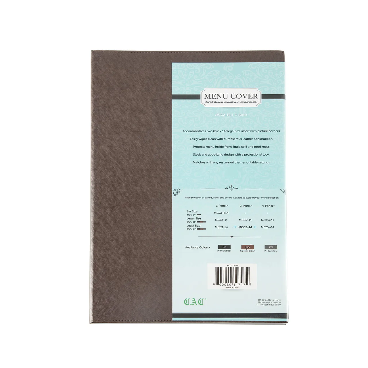 CAC China MCC2-14BN Menu Cover - 2-Panel Legal Size 8-1/2" x 14" Faux Leather Brown Booklet