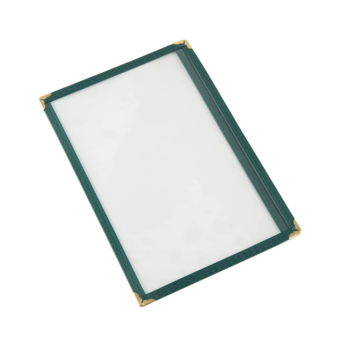 CAC China MCP1-58GN Menu Cover, 1-Pocket Vinyl, 8-1/2" x 5-1/2" Clear View, Brass Corners, Green Trim