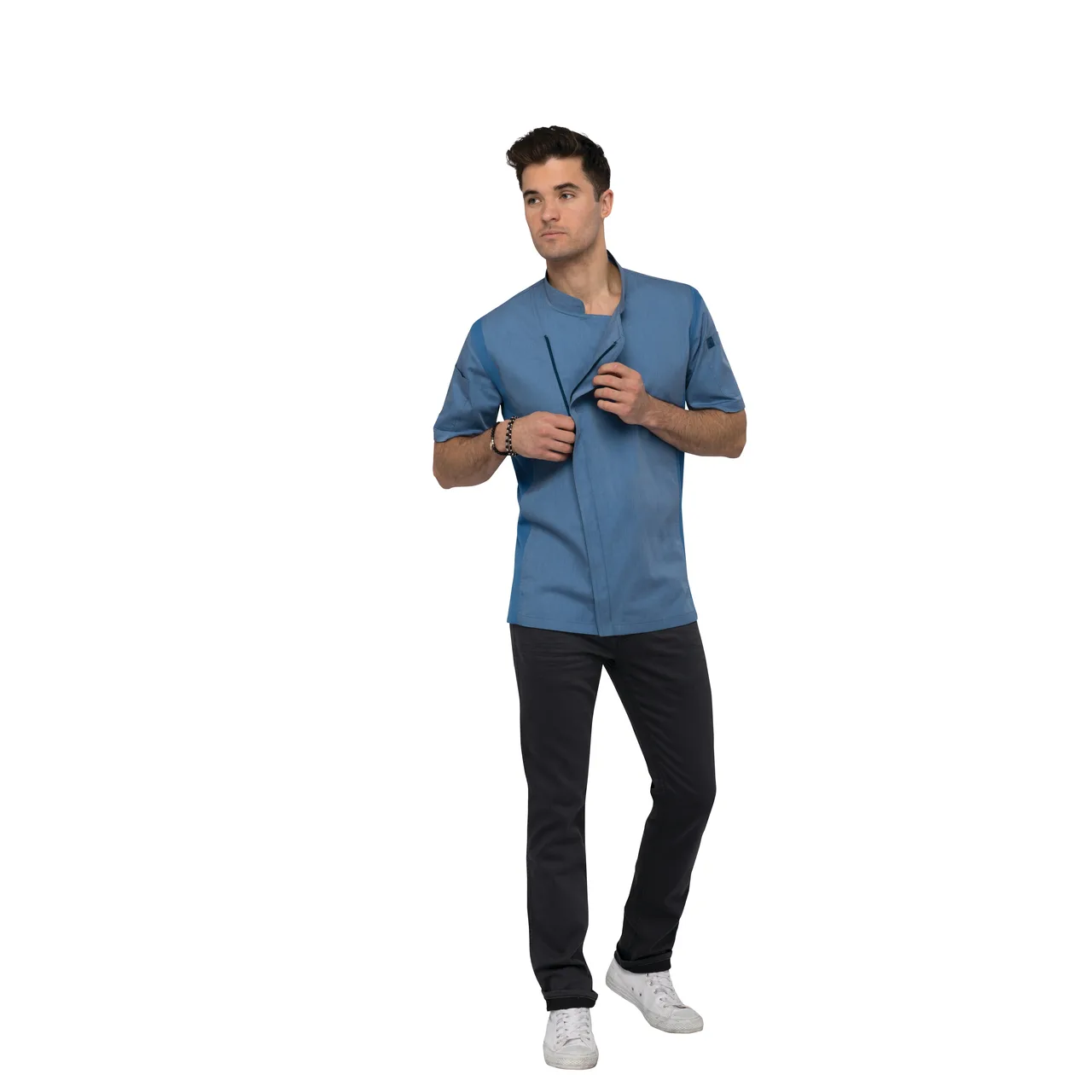 Chef Works BCSZ009-SKY-S Springfield Chef Coat, Sky Blue, Short Sleeve, Cotton Twill, Zipper, Vent™