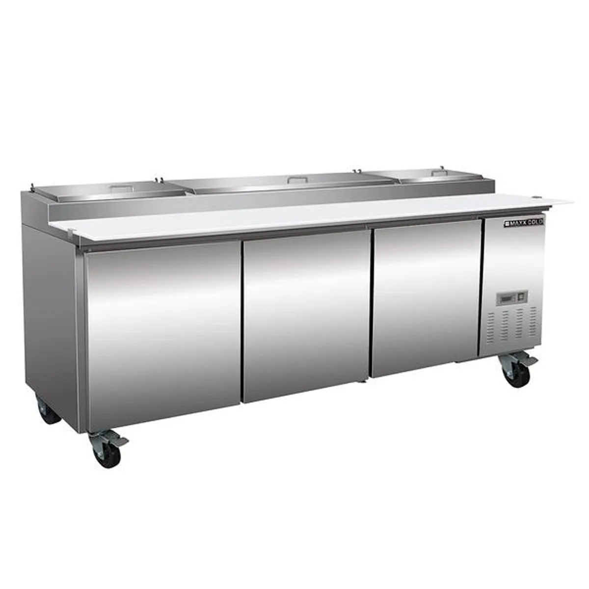 Maxx Cold MXSPP92 94 " Refrigerated Pizza Prep Table w/ 3  Doors, (12) 1/3 or (24) 1/6 size pans