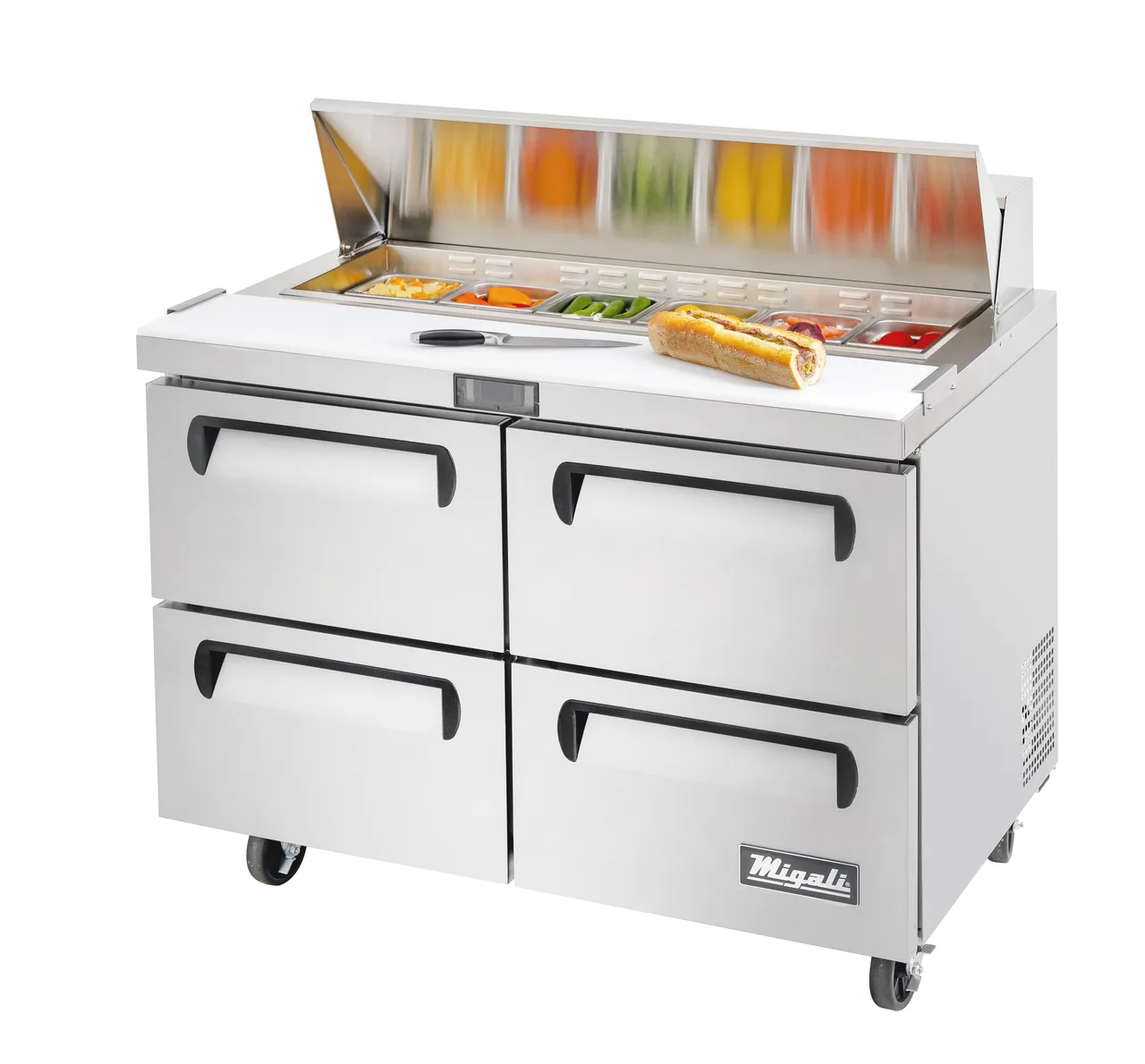 Migali C-SP48-12-D-HC 48" 2-Section Sandwich/Salad Prep Table w/ 4 Drawers, 12 Pans, Stainless Steel