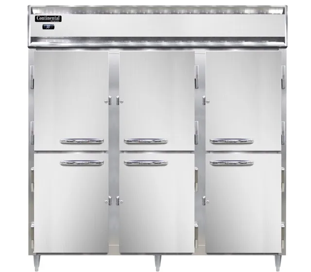Continental Refrigerator D3RNPTHD-SD-GD 72" 3-Section Pass Thru Refrigerator, 72 cu. ft., Half Doors
