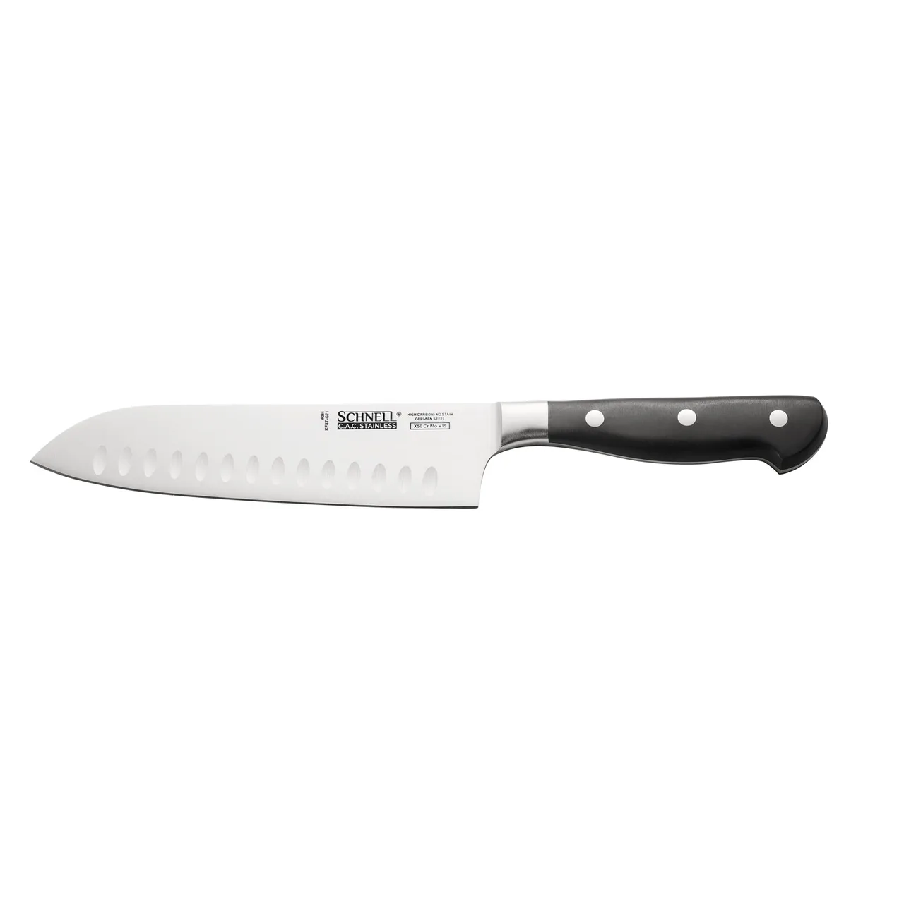 CAC China KFST-G71 Santoku Knife – 7-1/4" High‑Carbon Steel Blade, Ice‑Tempered, Black Handle