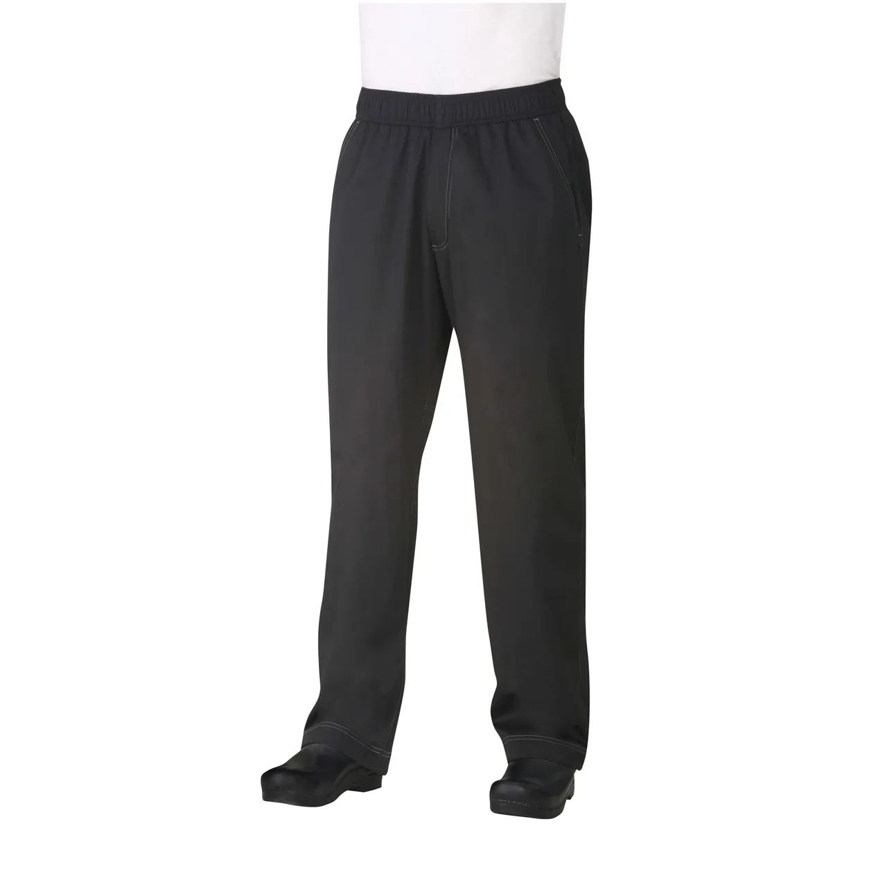 Chef Works CVBP-BLK-L Baggy Chef Pants, Large Black 65/35 Twill, Waistband, Zipper Fly, Back Pockets