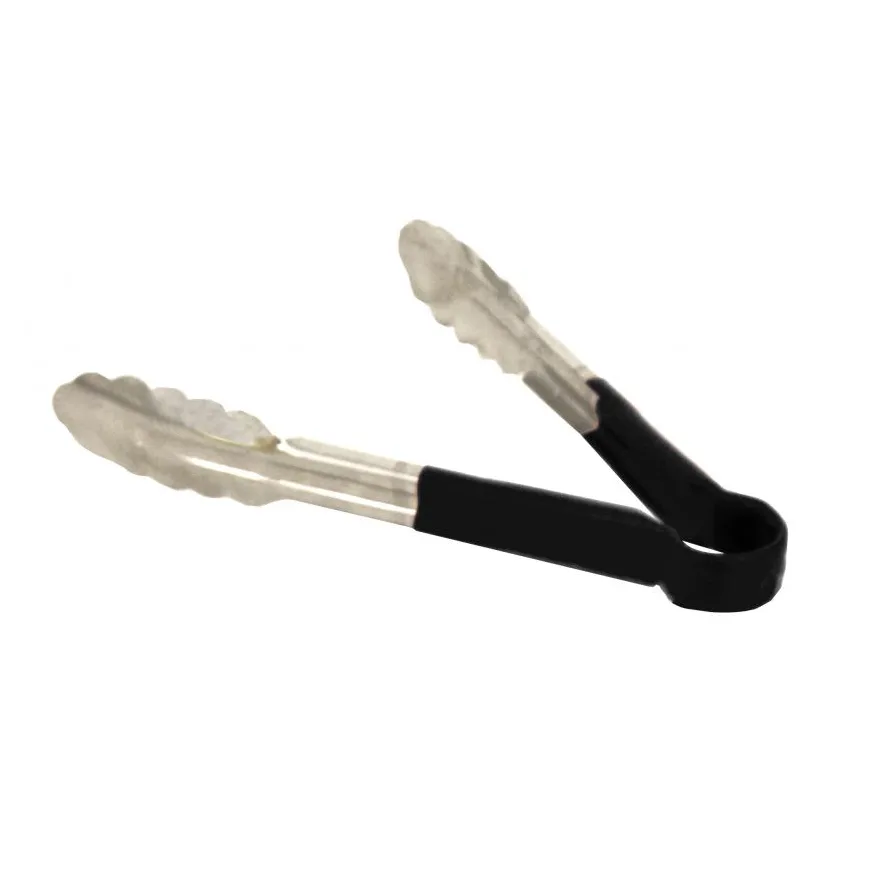 Omcan USA 80540 Utility Tongs – 9" Stainless Steel with Black Plastic Coated Handle, Black