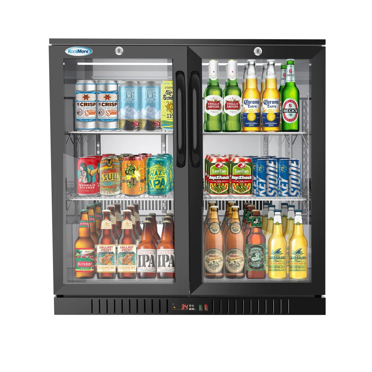 Koolmore BC-2DSW-BK Back Bar Cooler, Dual-Section 35"×20"×35" Black 7.4 Cu Ft Swing Doors, LED
