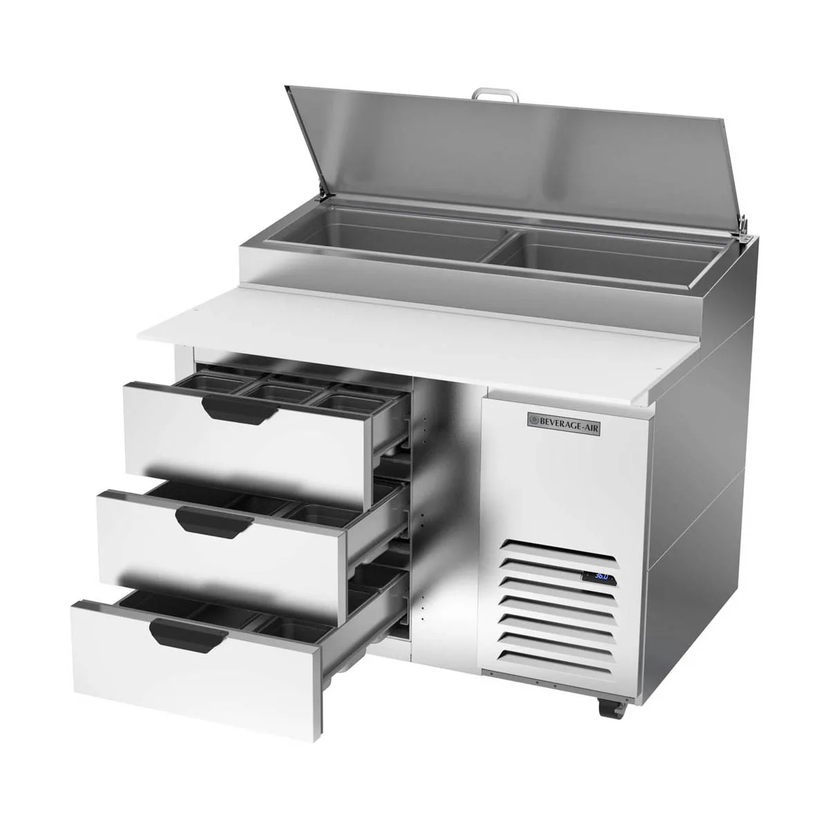 Beverage Air DPD46HC-3 46" 1-Section Refrigerated Pizza Prep Table w/ 3 Drawers, 12 cu. ft.