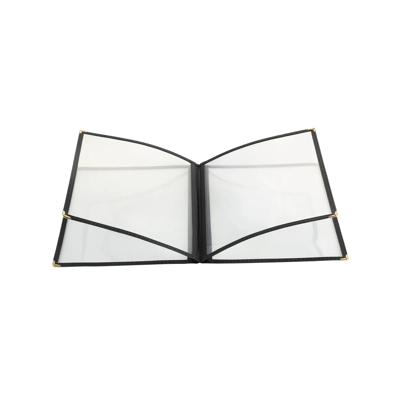 CAC China MCP4-911BK Menu Cover - 4-Pocket Vinyl, 8½" x 11", Black Trim, Brass Corners, Clear View