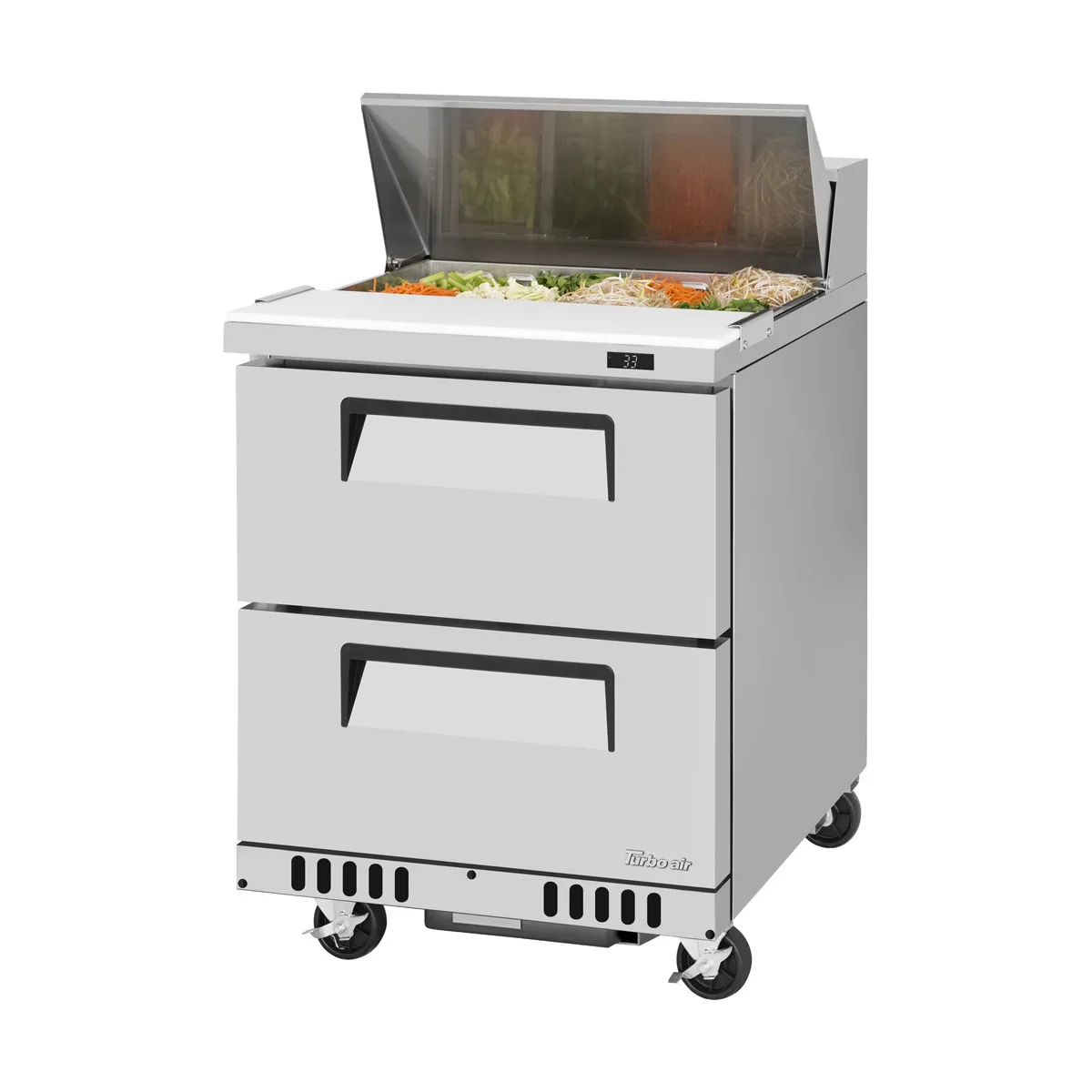 Turbo Air TST-28SD-D2-FB-N 27" 1-Section Sandwich and Salad Prep Table w/ 2 Drawers, 8 Pans, Stainless Steel