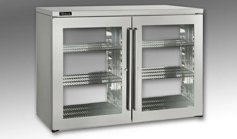 Perlick PTR48 48" Two Section Pass-Thru Back Bar Cabinet w/ 16.6 Cu Ft, 4 Hinged Doors, 48" W