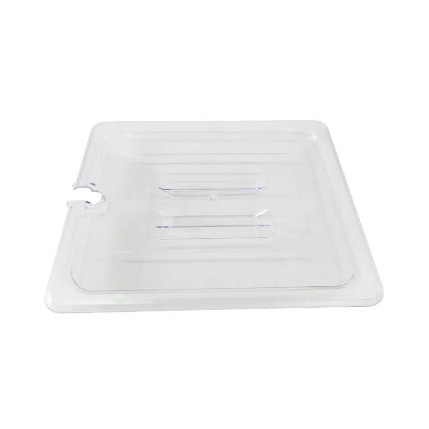 Omcan USA 80026 1/2-Size Clear PC Pan Cover, Handled Spoon‑Notched Slotted Lid, 12‑4/5"×10‑7/16"